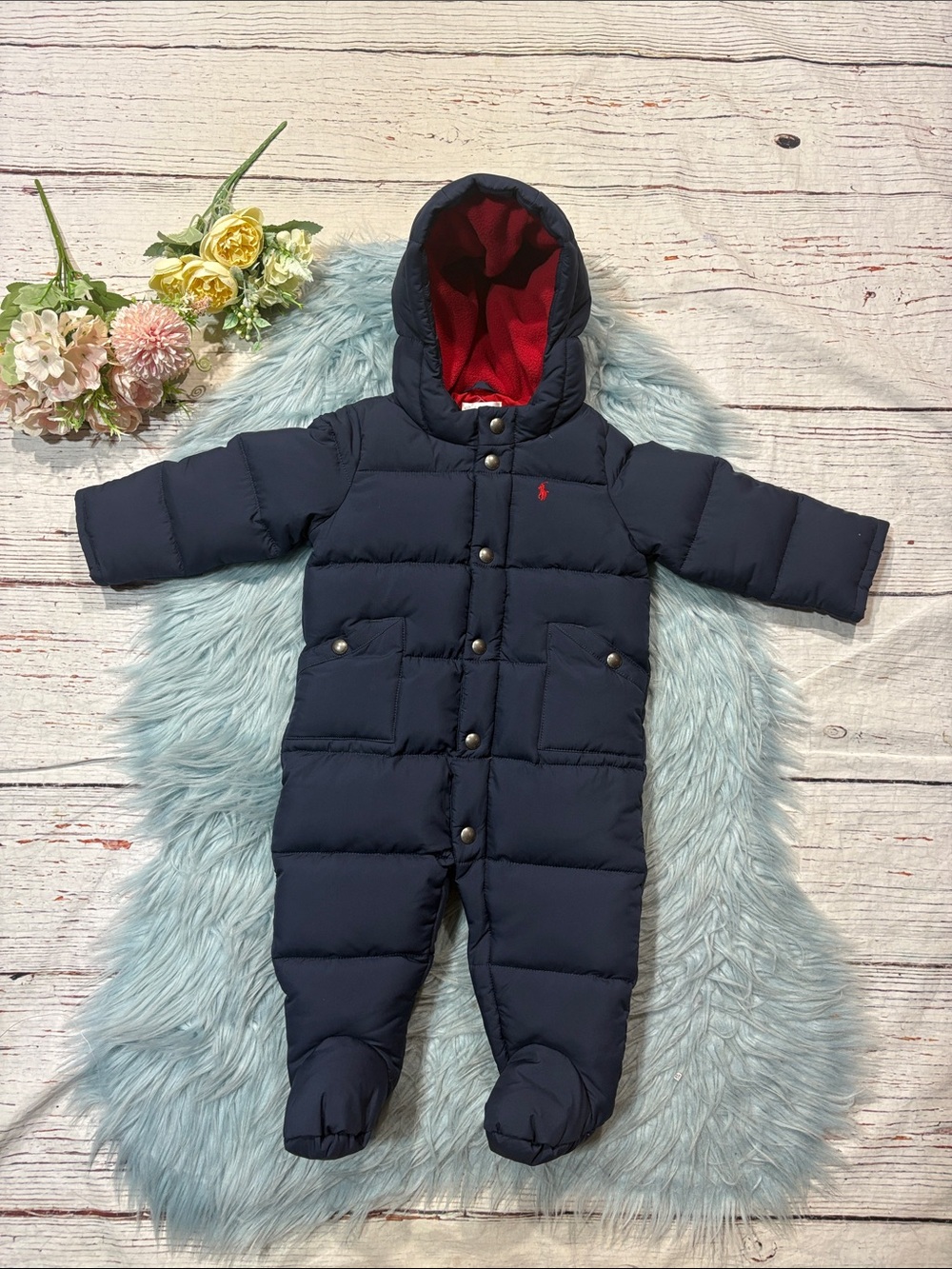 Ralph Lauren Baby Navy Snowsuit Puffer Jacket Onesie sz 9m